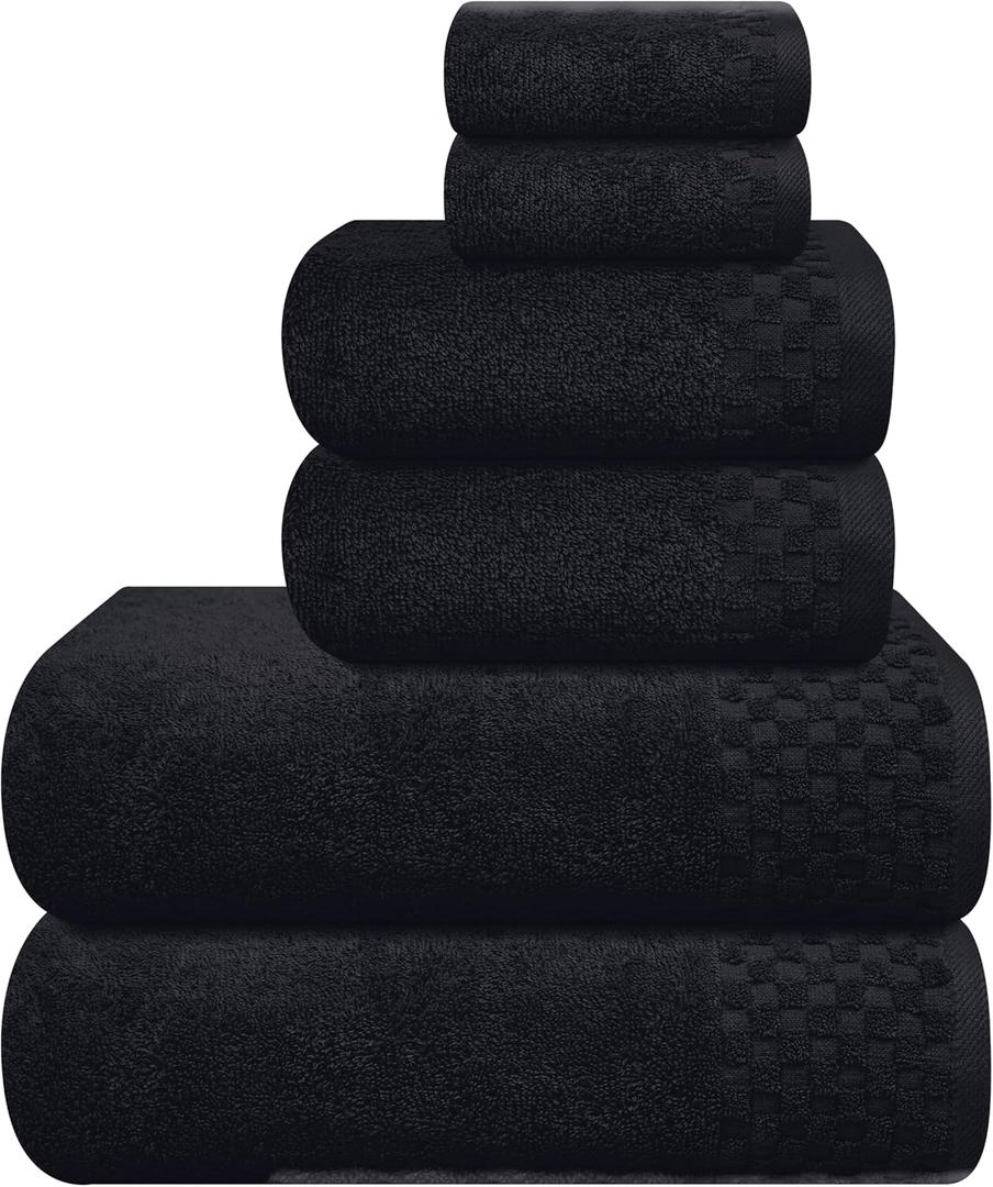 MyOwn Premium Cotton 6 Pack Towel Set for Bathroom, Contains 2 Bath Towels 28x55 inch, 2 Hand Towels 16x24 inch & 2 Wash Coths 12x12 inch, Ideal Everyday use, Compact & Lightweight - Black