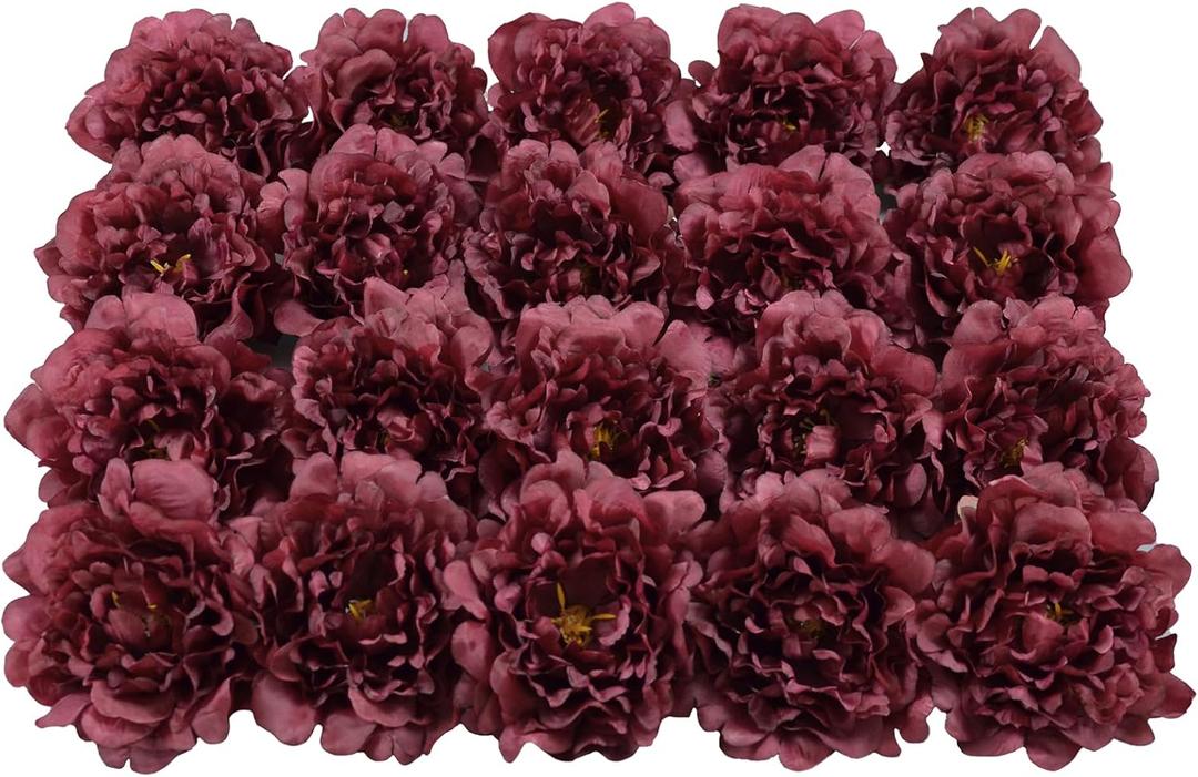 20 Pcs Artificial Flower Peonies, 5" Silk Fake Peonies with 6" Stems No Leaf, Faux Peonies Flowers for Decoration Wedding Home Party Centerpiece Decor Floral Art (Wine Red)