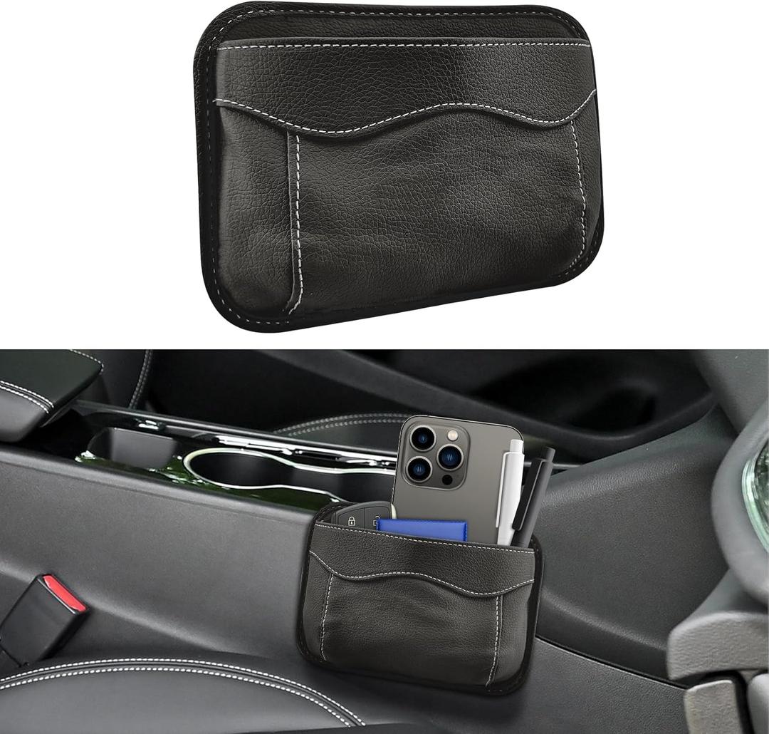 Car Seat Side Pocket Organizer, Car Storage, Leather Auto Pocket Pouch Cell Phone Sunglasses Holder, Auto Accessory Mini Vehicle Storage Bag for Organize Document, Registration, Notepad (Black)