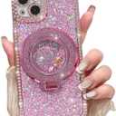 NITITOP Compatible with iPhone 15 Plus Case with Quicksand Stand Holder Pink Glitter Sequin Design for Girls Women Luxury Bling Diamond Frame Soft TPU Shockproof Protective Phone Cover - Pink