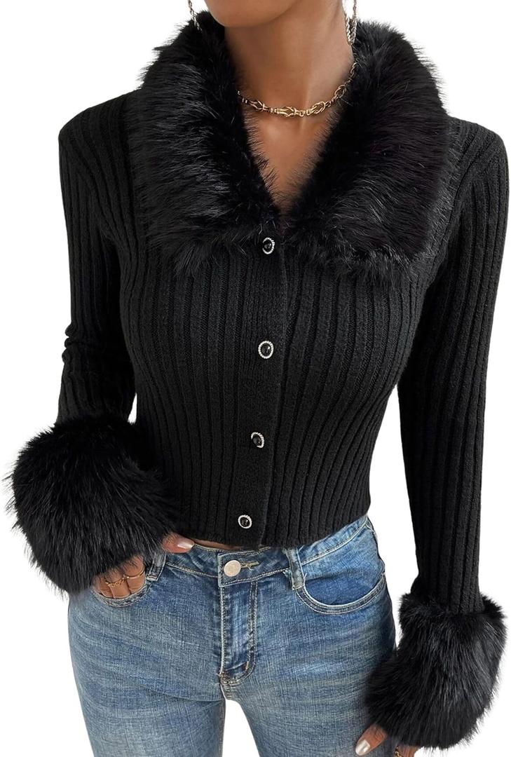 BALTIMORE Women's Fashion Comfort Plush V-Neck Slim Fit Faux Fur Collar Knit Cardigan Sweater for Going Out (Black) Small 
