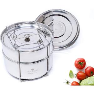 Ecozoi Stackable Steamer Insert Pans for Instant Pot 6 & 8 Quart, 2 Tier Stainless Steel Pot in Pot Set with Steamer Lid, Sealing Lid & 5 Mini Cups, Pressure Cooker Accessories for Bake Steam Reheat
