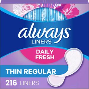 Always Daily Fresh Thin Liners, Regular Absorbency, Unscented Panty Liners, 216 Count