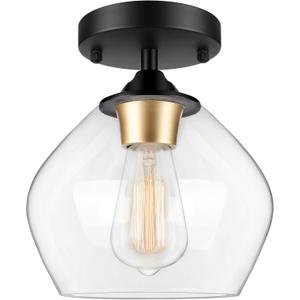 Modern Semi Flush Mount Ceiling Light with Clear Glass Shade, Industrial Close to Ceiling Light, Black Hanging Ceiling Light Fixture for Hallway, Bedroom, Dining Room, Entryway, Foyer