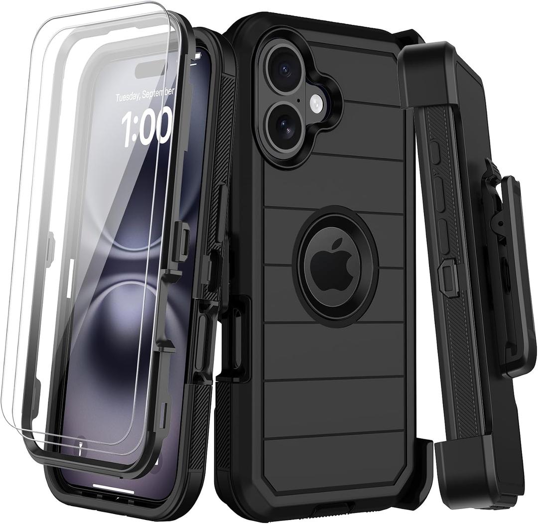 for iPhone 16 Plus Case with Belt Clip Holster,2X Screen Protectors,Heavy Duty Shockproof Drop Protection Military Grade 3 Layers Full Covered Rugged Durable Phone Cover with Kickstand 6.7 (Black)