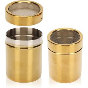 2PCS Sugar Shaker, Stainless Steel Powder Sugar Shaker Powder Sugar Duster Powdered Sugar Shaker Duster for Cinnamon Salt Pepper Gold