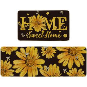 Artoid Mode Black Bee Sunflower Daisy Home Spring Kitchen Mats Set of 2, Summer Home Decor Low-Profile Kitchen Rugs for Floor - 17x29 and 17x47 Inch