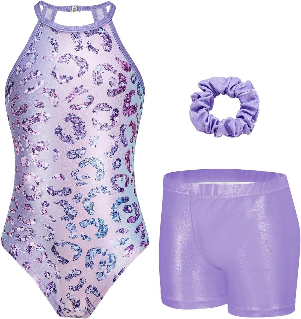 Zaclotre Gymnastics Leotards for Girls Sparkly Sleeveless Clasp Back Dance Leotard Unitards with Tumbling Shorts (9-10 Years, Purple Leopard)