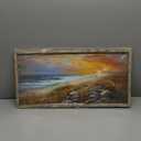 Framed Beach Wall Art Picture:Sunset Coastal Wooden Painting Ocean Sea Wave Artwork Seaside Seascape Grass Print Decor for Living Room Bedroom 24x12 inch (24L" x 12W")