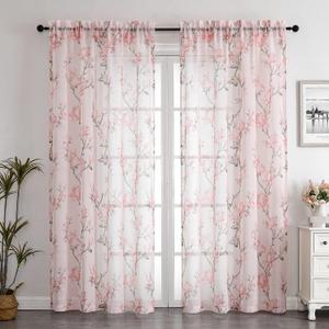 SMILE WEAVER Blush Pink Sheer Curtains 84 inch Length for Living Room,Floral Curtains Light Filtering Voile Linen Textured Rod Pocket Semi Sheer Window Drapes for Bedroom/Kitchen,2 Panels, 52"W x 84"L
