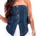 Cicy Bell Womens Strapless Denim Vest Summer Button Down Jean Tube Tops Y2k Going Out Fitted Bandeau Shirts Waistcoat, S