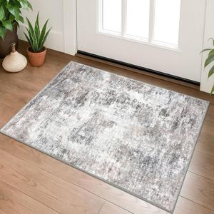 Lansny Modern Abstract Entryway Rug Indoor 2x3 Washable Non-Slip Soft Beige Grey Small Area Rug Kitchen Mat Thin Print Faux Wool Floor Carpet for Entrance Bedroom Office