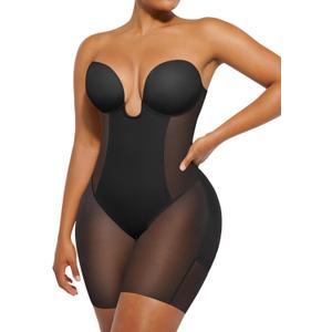 SHAPELLX Strapless Shapewear for Women Tummy Control U Plunge Backless Bodysuit Mid Thigh Full Body Shaper (XX-Large, 03-black-ample Cup(d+))