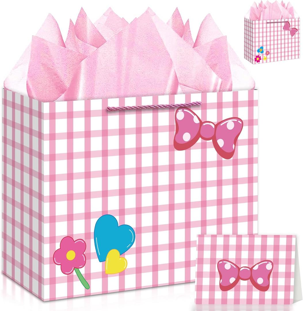 3 x 13" Large Pink Bow Birthday Gift Bag (Including Card, Tissue Paper, Envelope And Sticker), Pink-Themed Birthday Party Supplies, Suitable For Girls' Birthdays, Baby Showers, Weddings And Bridal Showers
