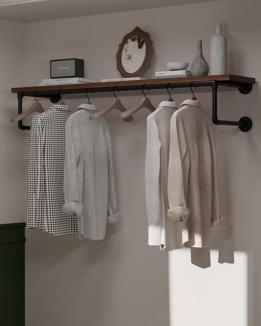 Clothes Rack 48in, Wall Mounted Garment Racks with Real Walnut Wood Shelf, Heavy Duty Hanging Clothes Rack, Multi-Purpose Hanging Rod, Space-Saving Closet Storage