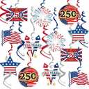 12Pcs 4th of July Hanging Ornaments Independence Day Party Supplies 250 Anniversary Star America Flag Design Tree Ornaments Hanging Swirls Set for Fourth of July Decor with Ropes
