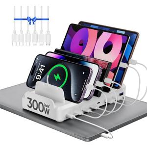 300W Charging Station for Multiple Devices, 8 Port Multi USB C Fast Charger Station Dock for MacBook iPhone 16/15/14/13/12 Samsung Pixel Series iPad, White (6 Mixed Short Cables Included)