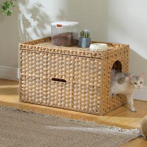 MUTTROS Rattan Cat Litter Box Enclosure - Extra Large Hidden Litter Box Furniture by Handwoven Wicker with Taller Doorway & Raised Edge Mat-Cat House Cabinet for Large Cats Indoor Odor Control, Beige