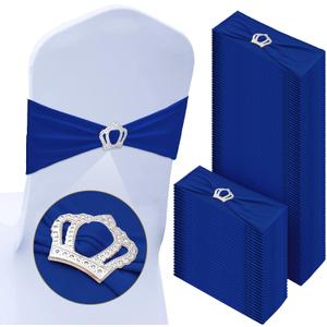 100 Pcs Spandex Chair Sashes with Crown Buckle Slider Stretch Chair Bands Cover Ties for Wedding, Banquet, Gala, Corporate Event, Birthday Party, Baby Shower(Royal Blue)