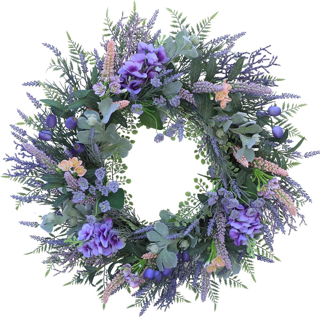 Wreath for Front Door 24 Inch Spring Summer Wreaths with Eucalyptus Leaves Lavender, Hydrangea Bouquet Green Summer Wreaths for Indoor Outdoor Door Wall Window Home Weddings Decor All Seasons
