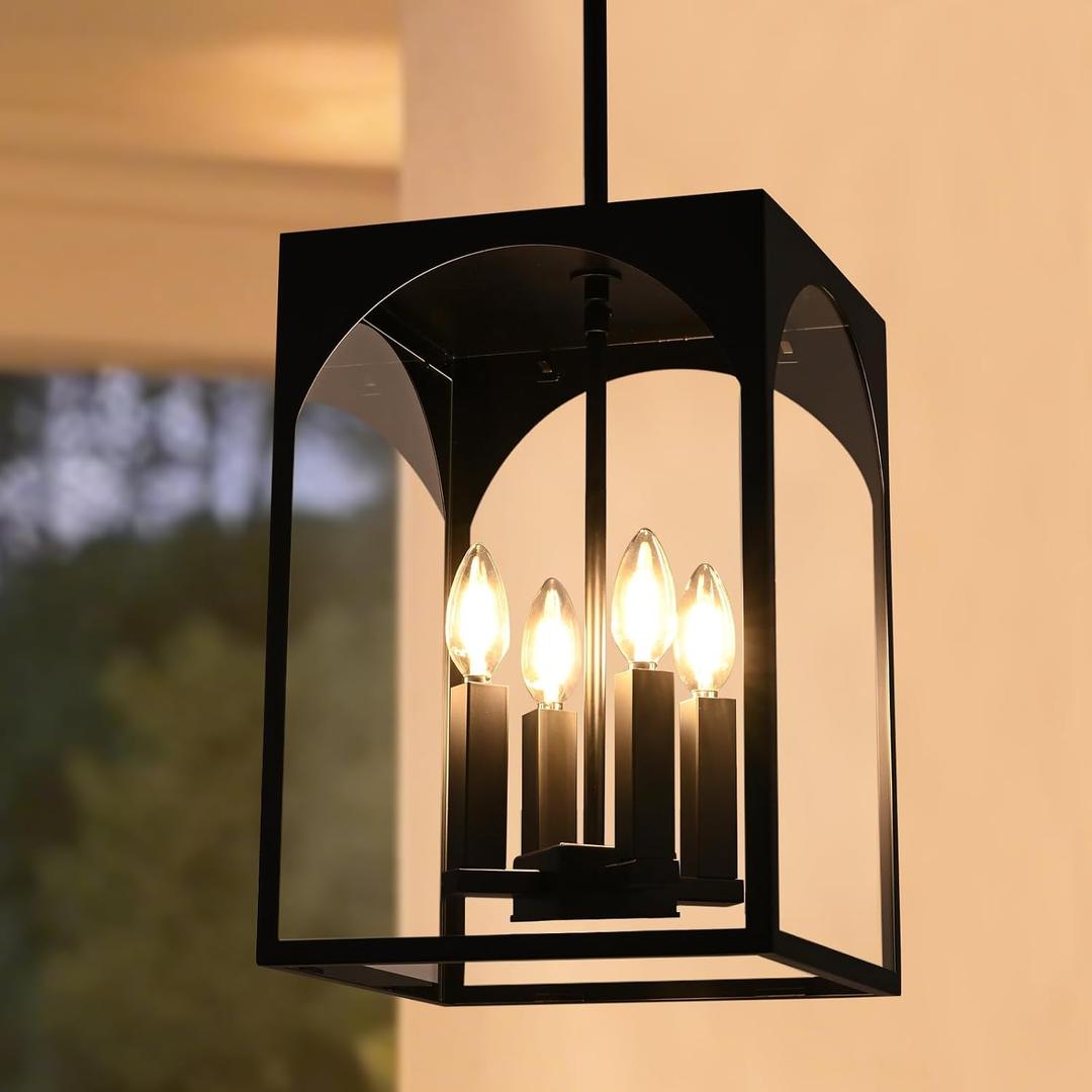 VINLUZ Large Outdoor Indoor Pendant Light 4-Light, Classic Black Finish Metal Chandelier Outside Hanging Fixture Ceiling Mount with Clear Glass Shade for Front Porch Entrance Foyer
