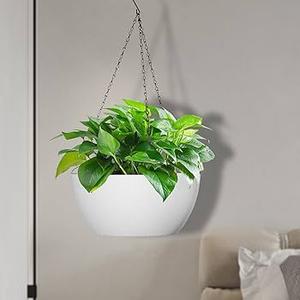 13 inch Large Hanging Planters Plant Pots for Outdoor Indoor Plants with Drainage Holes and Chain, 1 Pack Round Hanging Flower Pots for Garden Home Porch Decor, White