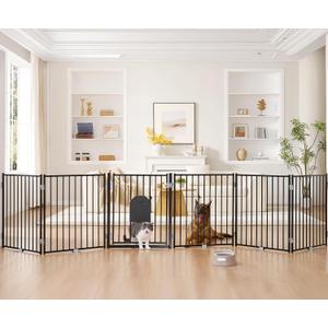 No Pawblems Dog Gate with Cat Door, Free Standing 30'' Tall Foldable Dog Fence for Indoor & Outdoor, Up to 156 Inch Extra Wide Puppy Gate for Stairs, Hallways, Doorways, Deck, Yard (Black, 6 Panels)