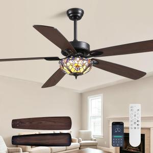 65" Tiffany Ceiling Fan with Light, Vintage Ceiling Fan