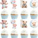 24 PCS Blue Bear Cake Toppers We Can Bearly Wait Cupcake Toppers for Teddy Bear Themed Birthday Party Gender Reveal Cake Decorations Party Supplies Pastries Desserts Decor