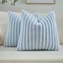 FUTEI Pack of 2 Solid Faux Fur Plush Throw Pillow Covers 18x18 Inch Soft Fluffy Striped Decorative Cushion Cases Modern Farmhouse Accent for Couch Bed Living Room, Light Blue