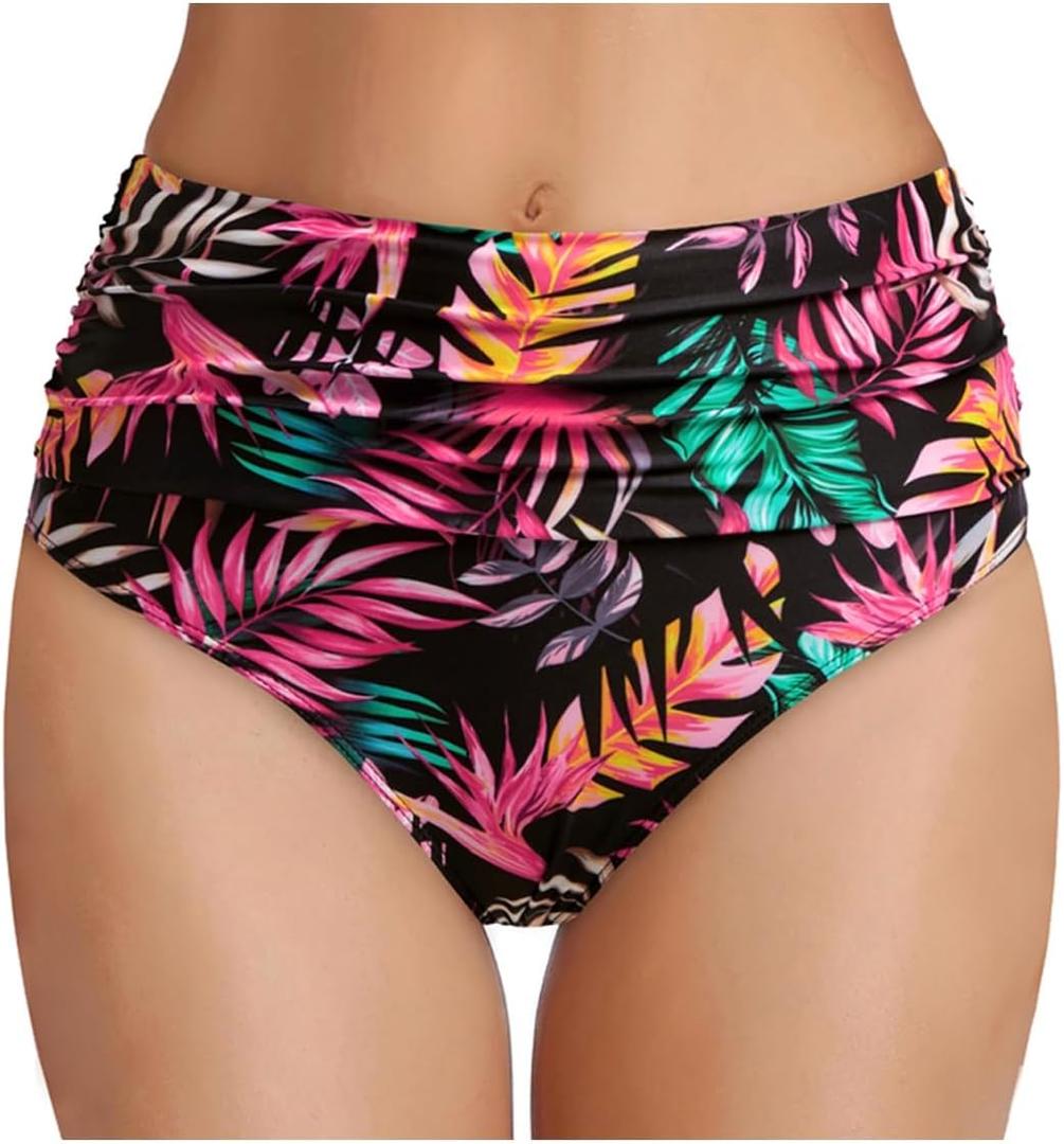 Tempt Me Women's High Waisted Bikini Bottom Tummy Control Ruched Bathing Suit Swim Bottom (Pink, M)