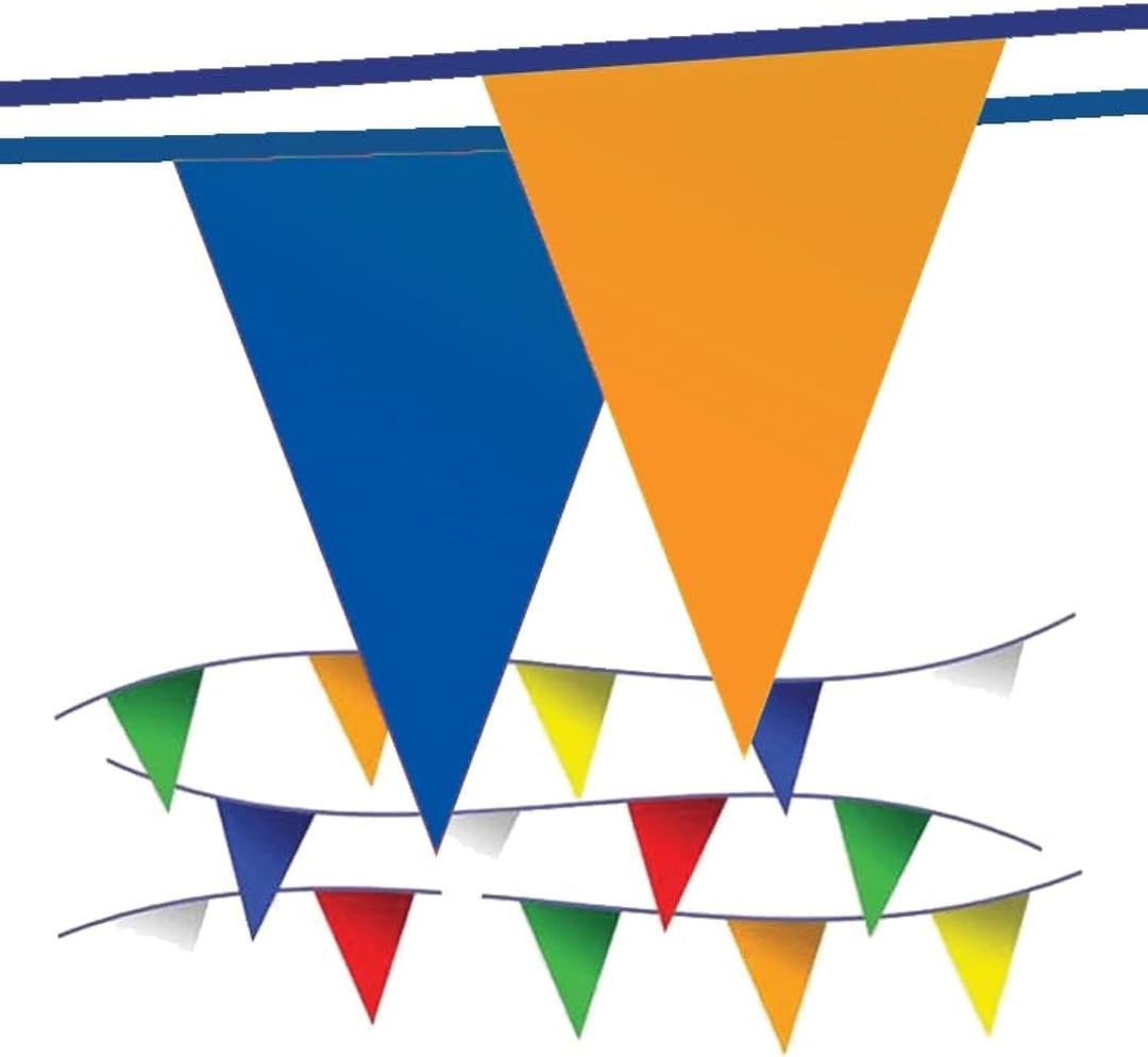 Pennant Banner Flags - OSHA 500lb Rated Safety Rooftop Flagging Barrier Traffic Party & Events - 105ft Strand Fade Resistant (Multicolored, 9"x12"x105ft)