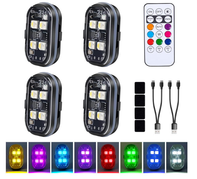 4 pcs Upgraded Wireless LED Lights for Car, Rechargeable Interior Car Lights with 8 Colors Brightness Adjustable, 12H Battery Life, Remote Control, Mini Strobe Lights for Vehicle Motorcycle Bike Decor