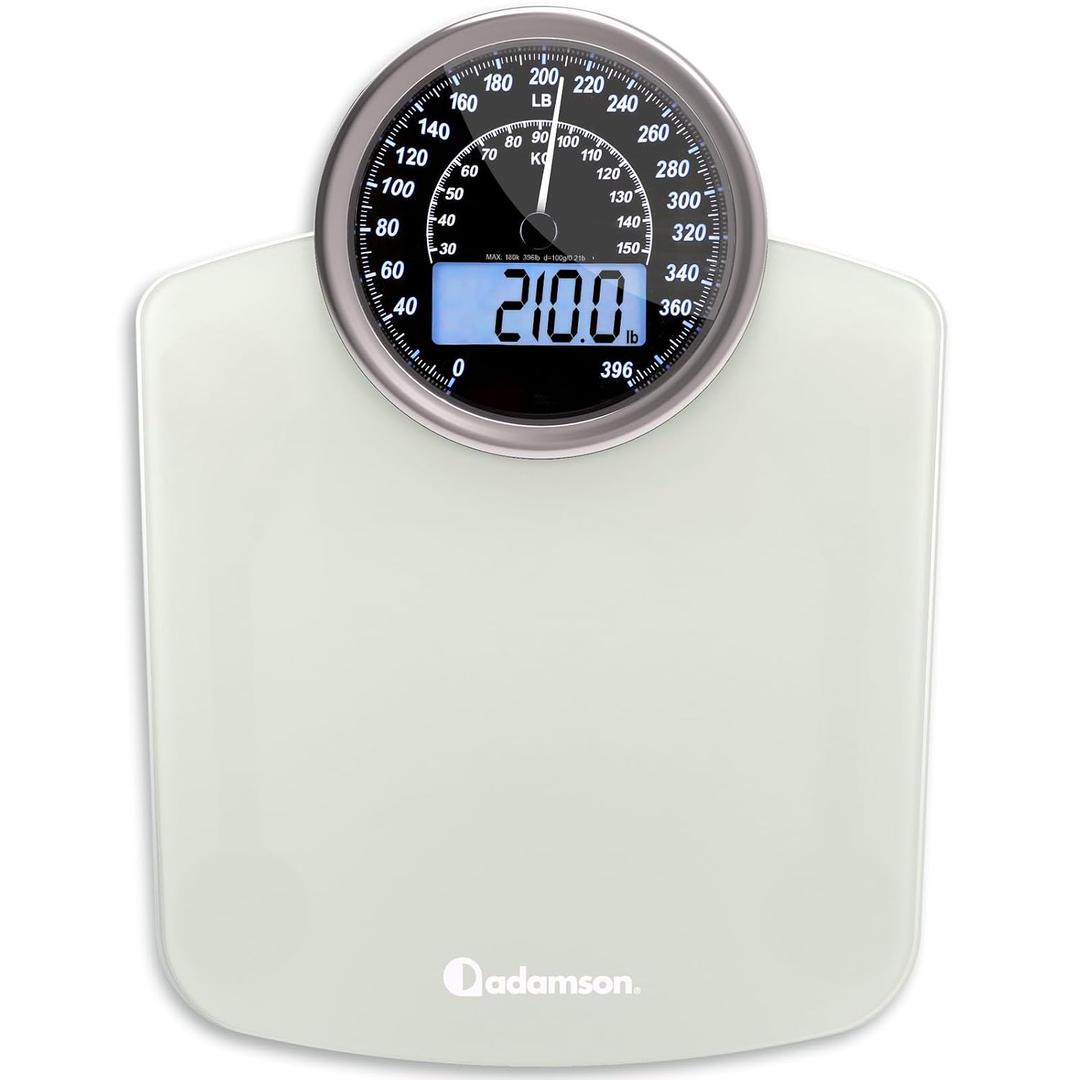 Adamson Hybrid 2-in-1 Analog & Digital Weighing Scale for Body Weight up to 400lbs + Thick Tempered Glass + Extra Large Display + Easy to Read Digital Bathroom Scale + New - White