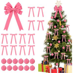 25 Pcs Pink Velvet Tree Topper Christmas Ornaments Include Large Christmas Bows Tree Topper 12 Xmas Velvet Balls 12 Pink Bows for Xmas Holiday Door Fireplace Wall Party Decor
