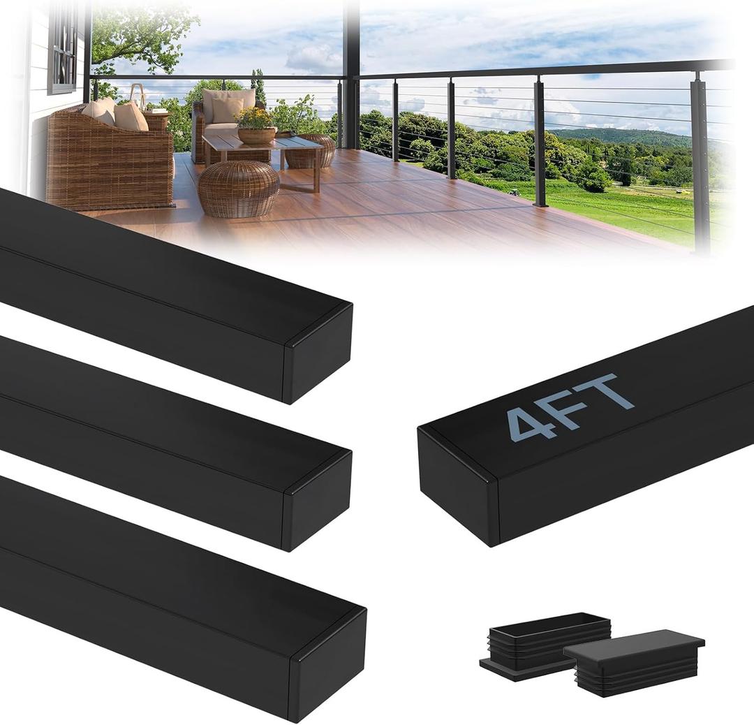 4Pack 4FT Stainless Steel T304 Black Handrail for Cable Railing with Nylon End Cap Kits, Cuttable Flat Handrail Rectangular Top Rail, Stair Railing Indoor Outdoor DIY Balustrade