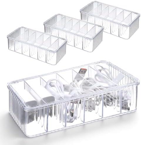 Oqqlin 4 Pcs Cable Organizer Box with Lid, 8 x 4 x 2 Inch Small Clear Plastic Cord Storage Organizer Box Durable Charger Cord Storage Boxs for Home, Office, Desktop