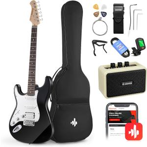 Donner 39 Inch Left-Handed Electric Guitar Kit Solid Body Black Lefty Beginner Set Full-Size with Amplifier Online Lesson Bag Digital Tuner Capo Strap String Cable Picks DST-100BL