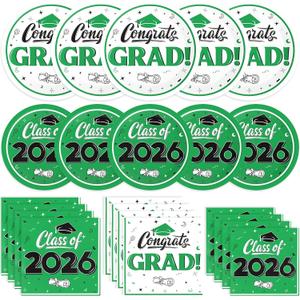 Graduation Decorations 2026, 200 Pcs Class of 2026 Graduation Party Supplies Kit with Paper Plates, Luncheon and Cocktail Napkins, Congrats Grad Decorations for 50 Guests (Green)