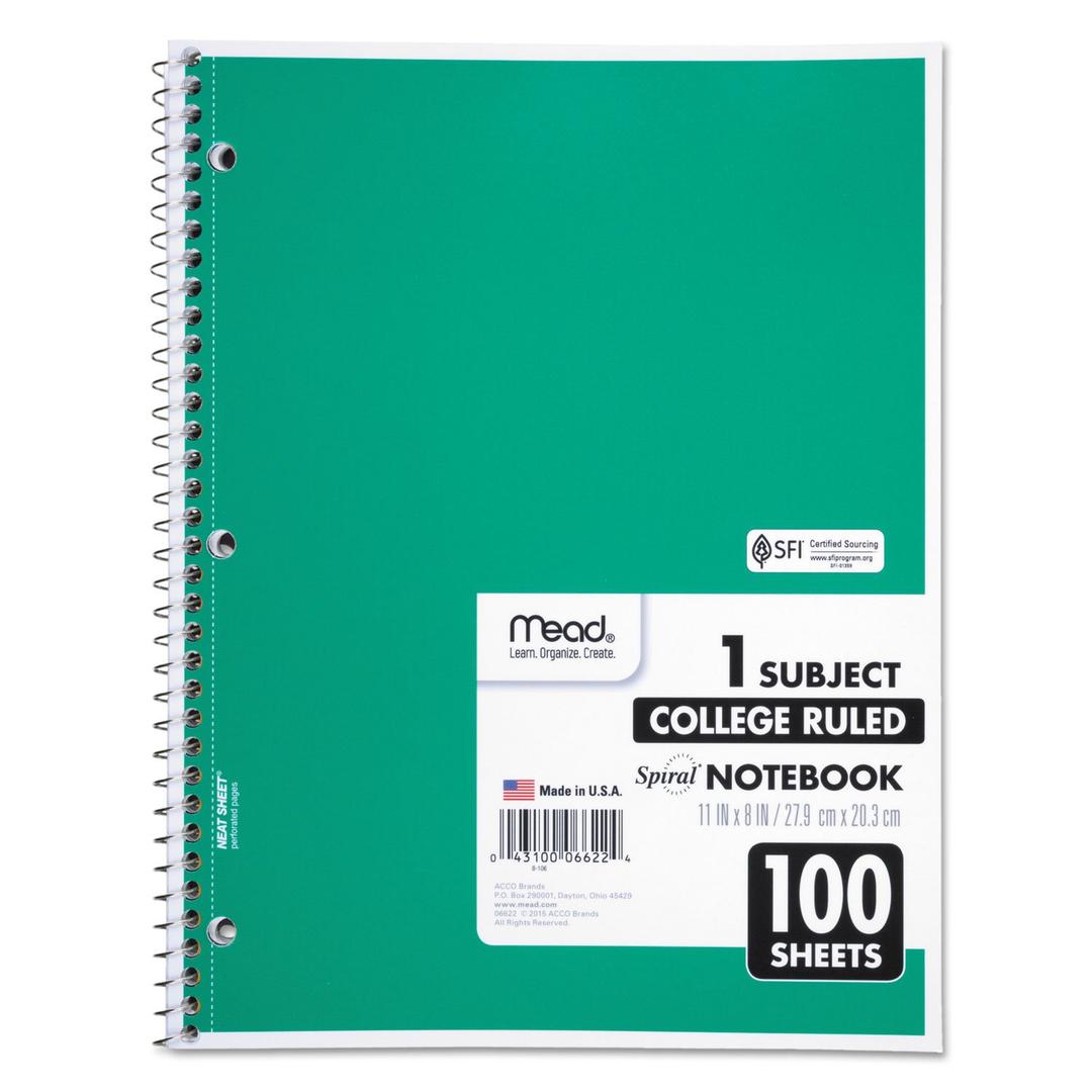 Mead Spiral Notebook, College Ruled, 1 Subject, 100 Sheets, Green (06622)