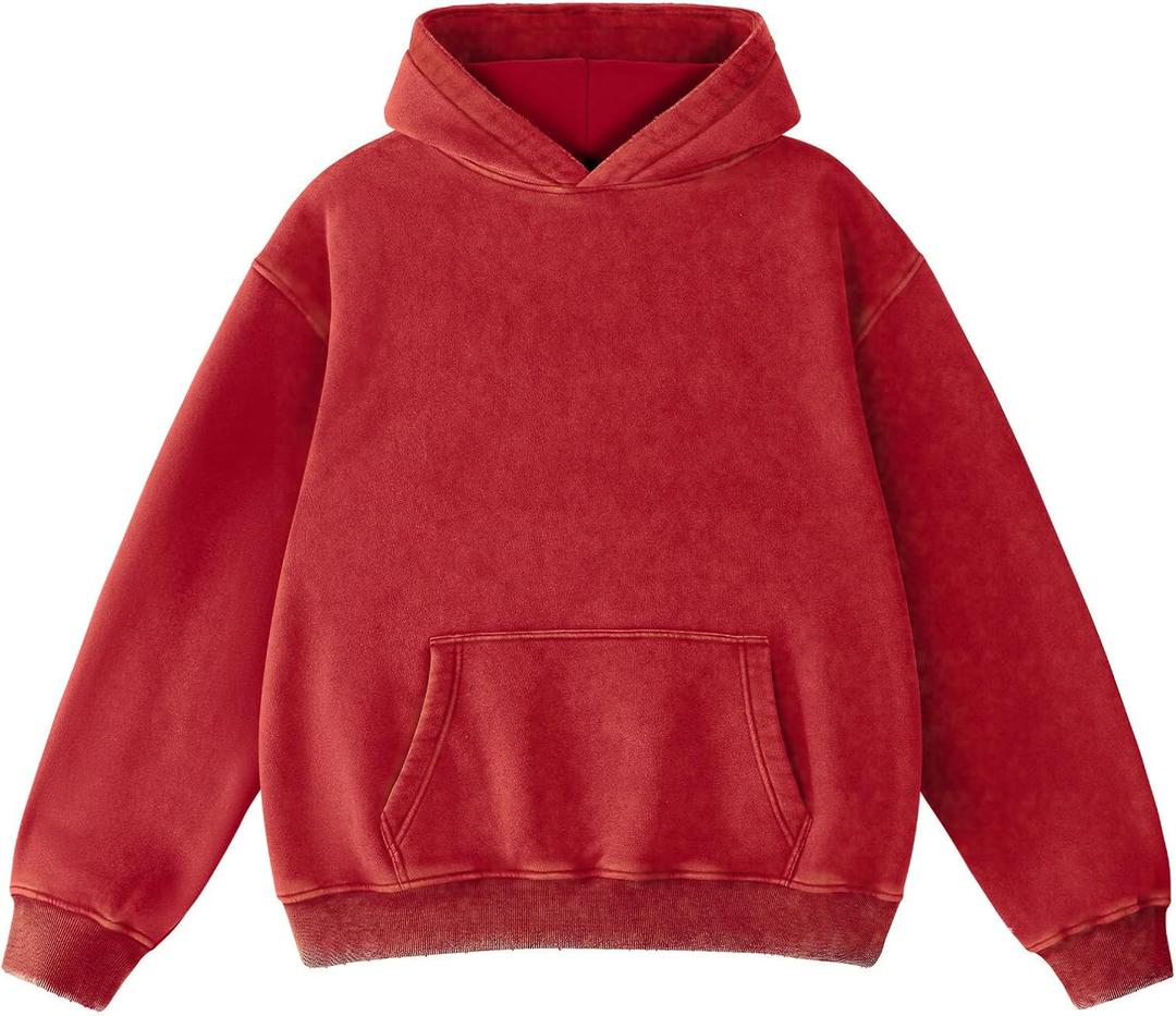 Dnzzs Men's Oversized Acid Wash Hoodies Heavyweight Cotton Fleece Sweatshirt Loose Fit Fall Winter Casual Streetwear Pullover (Large, Red)