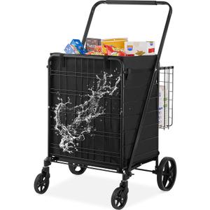 VEVOR Folding Shopping Cart with Removable Waterproof Liner, 330LBS Large Capacity Jumbo Grocery Cart with Dual Basket, 360 Swivel Wheels, Dense Metal Mesh Base, Heavy Duty Utility Cart for Shopping