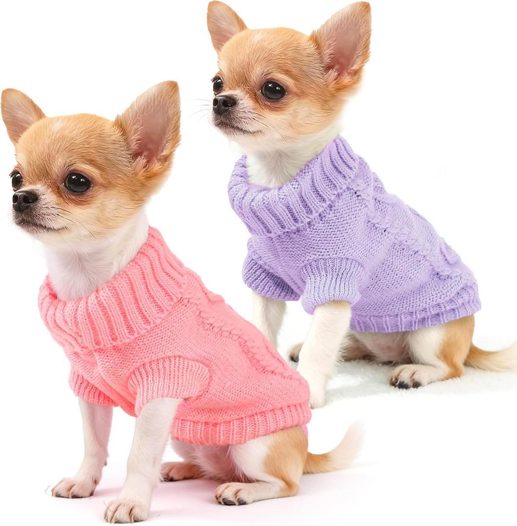 2 Pieces Puppy Sweater Dog Sweater for Small Dogs Winter Warm Dog Knitted Sweater Cute Puppy Clothes for Chihuahua Teacup Yorkie Pet Cat Knitwear Turtleneck Clothes XXS(0.9~2.4lbs) (plaid Violet+Light Pink)