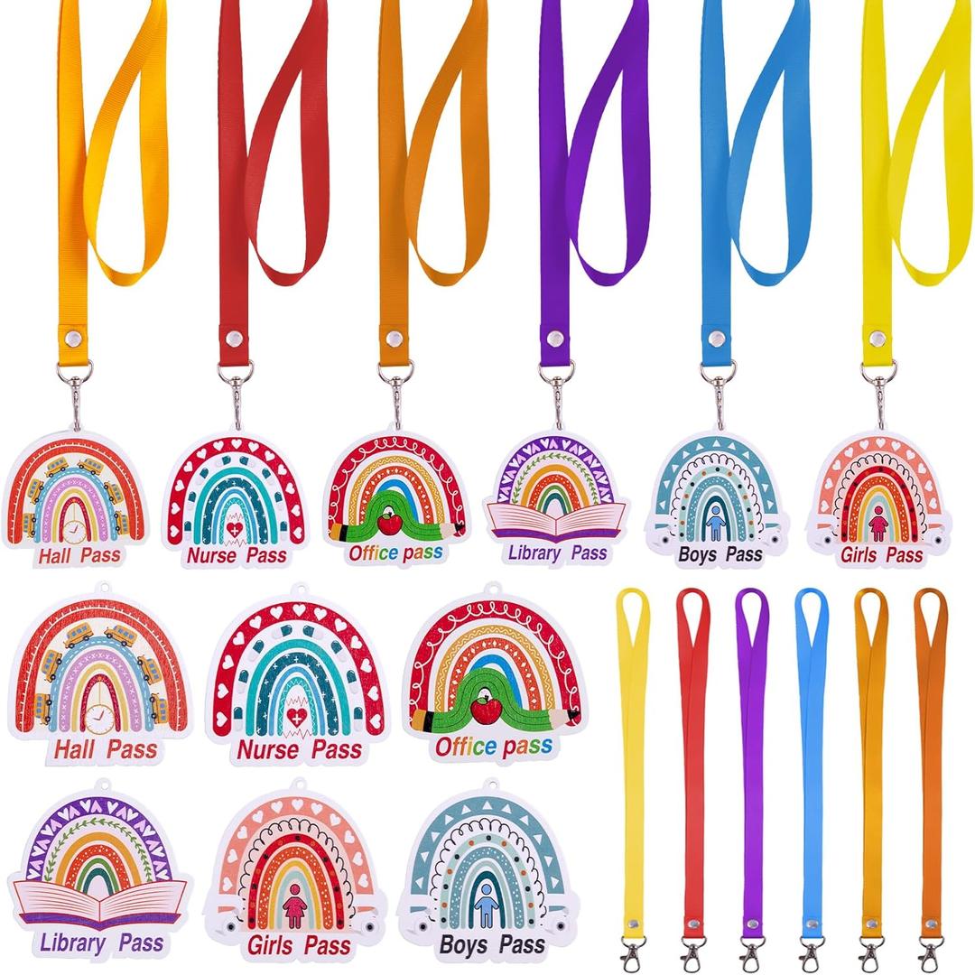 12 Sets Wooden Boho Rainbow Hall Passes for Classrooms Elementary Back to School Unbreakable Hall Pass Lanyards and School Passes Unbreakable Bathroom Passes for Classrooms Hall Library Nurse Office