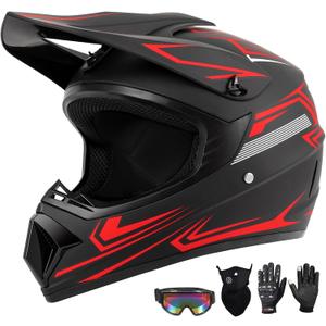 Youth Kids Dirt Bike Motocross Helmet (Goggles Gloves Face Mask) 4PCS Set, DOT Approved Boys Girls Full Face Motorcycle Helmets, ATV BMX MX Mountain Bike Off Road Kid Helmet (Red, XL)