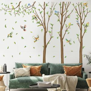 Family Tree Wall Sticker Green Leaf Birds Wall Art Decor Large Tree Branch Wall Decal Peel and Stick Woodland Animals Wall Sticker for Bedroom