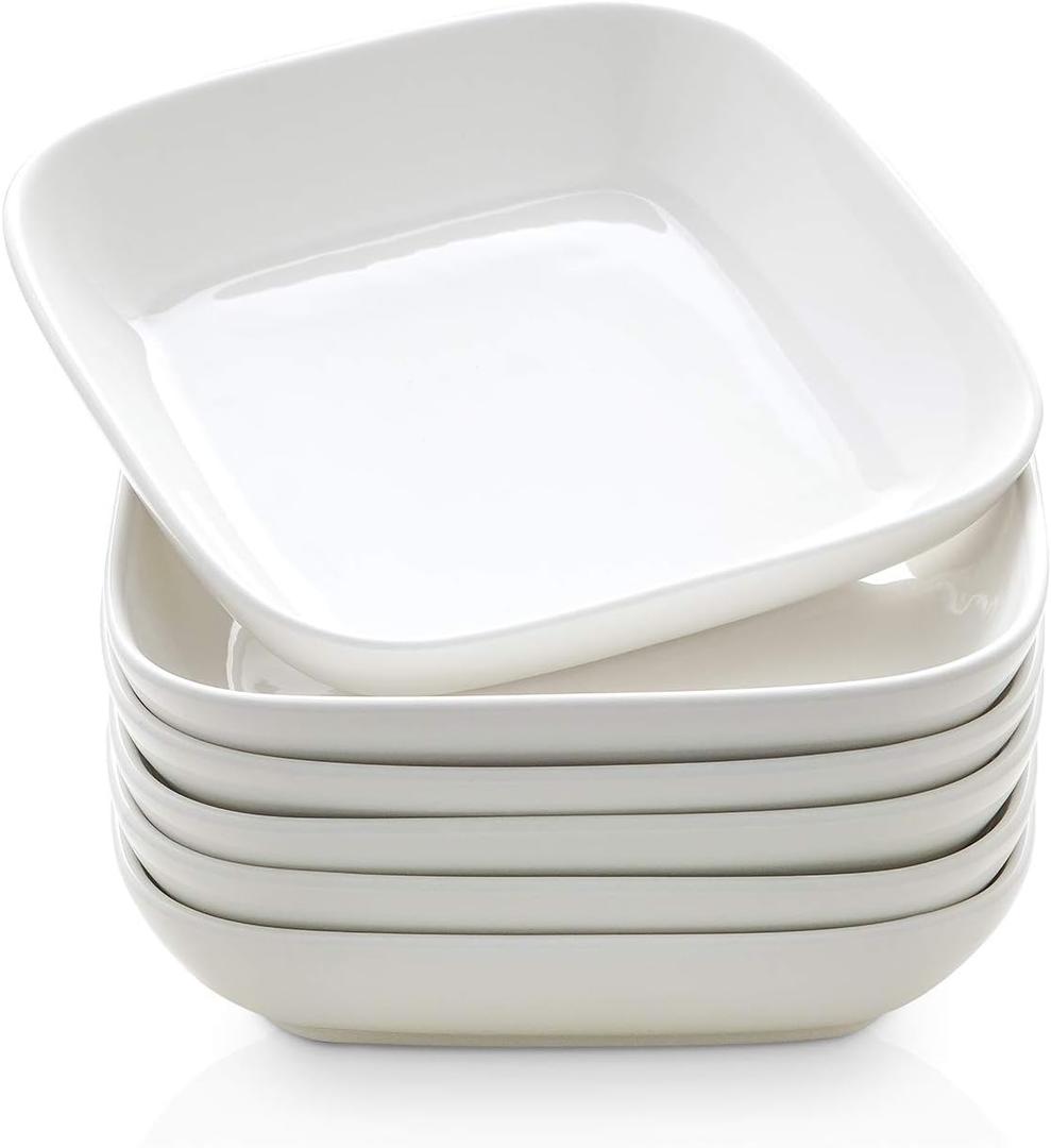 Selamica Porcelain 8-inch Square Dinner Plates, Pasta Salad Bowls, Set of 6, White