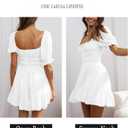 Women's Square Neck Puff Sleeve Mini Dresses Ruffle Elastic Waist A-Line Elegant Summer Casual Flowy Mini Dress (White)