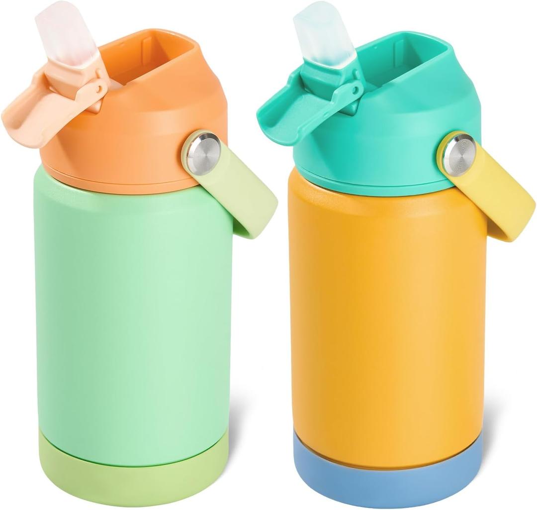 Kerilyn 12oz Kids Water Bottle 2 Pack, Stainless Steel Insulated Water Bottle Bulk, Toddler Cups with Straws Leak-Proof, Kids Water Bottles for School Boys Girls, BPA Free, 2 Piece Set Melon Couple