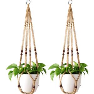 Mkono Macrame Plant Hanger Indoor Jute Hanging Planter Basket with Wood Beads Decorative Flower Pot Holder No Tassels for Indoor Outdoor Boho Home Decor 35 Inch, Brown, Set of 2 (Pots Not Included)